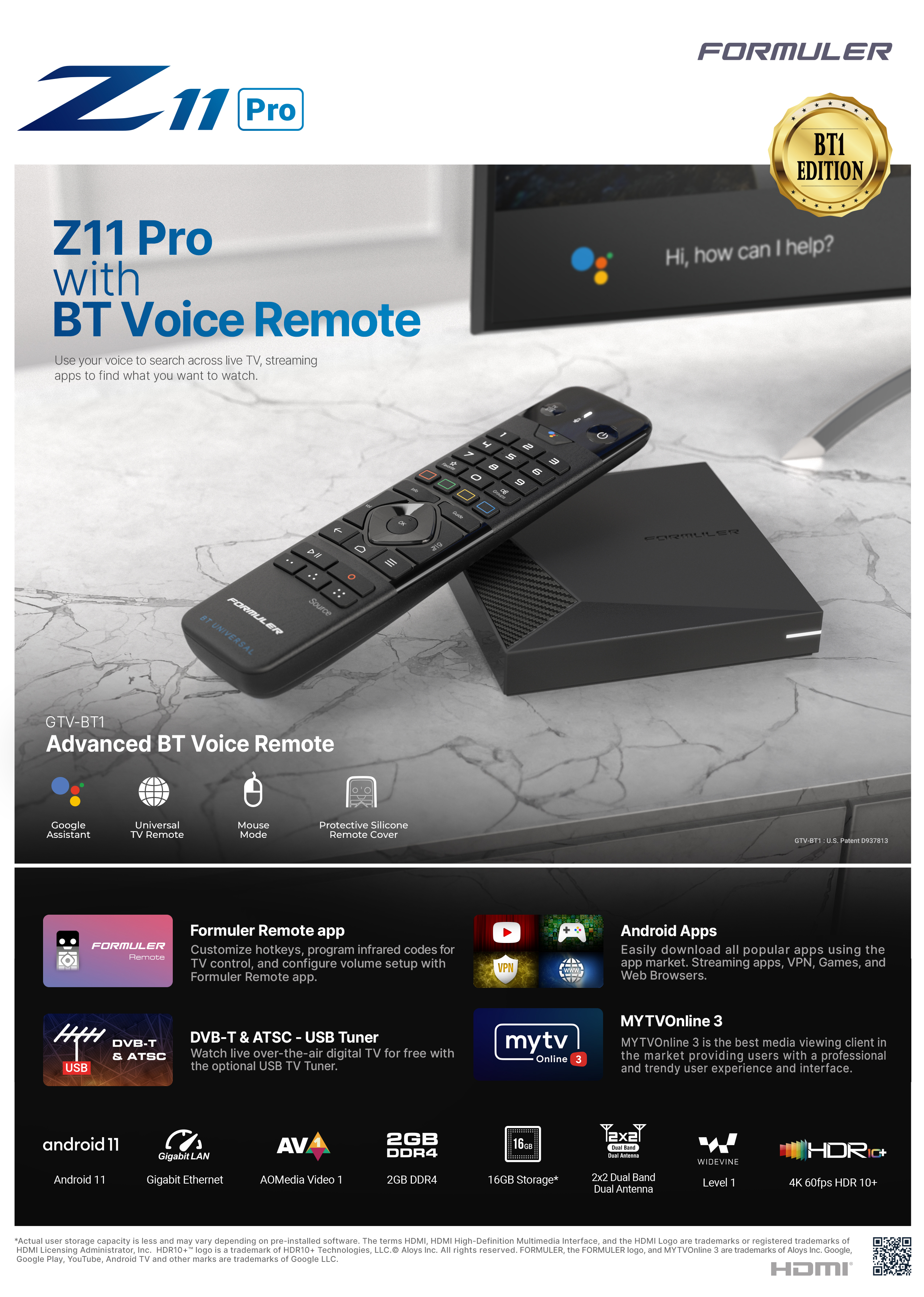 Formuler Z11 Pro, BT1 Edition 4K, UHD Android 11