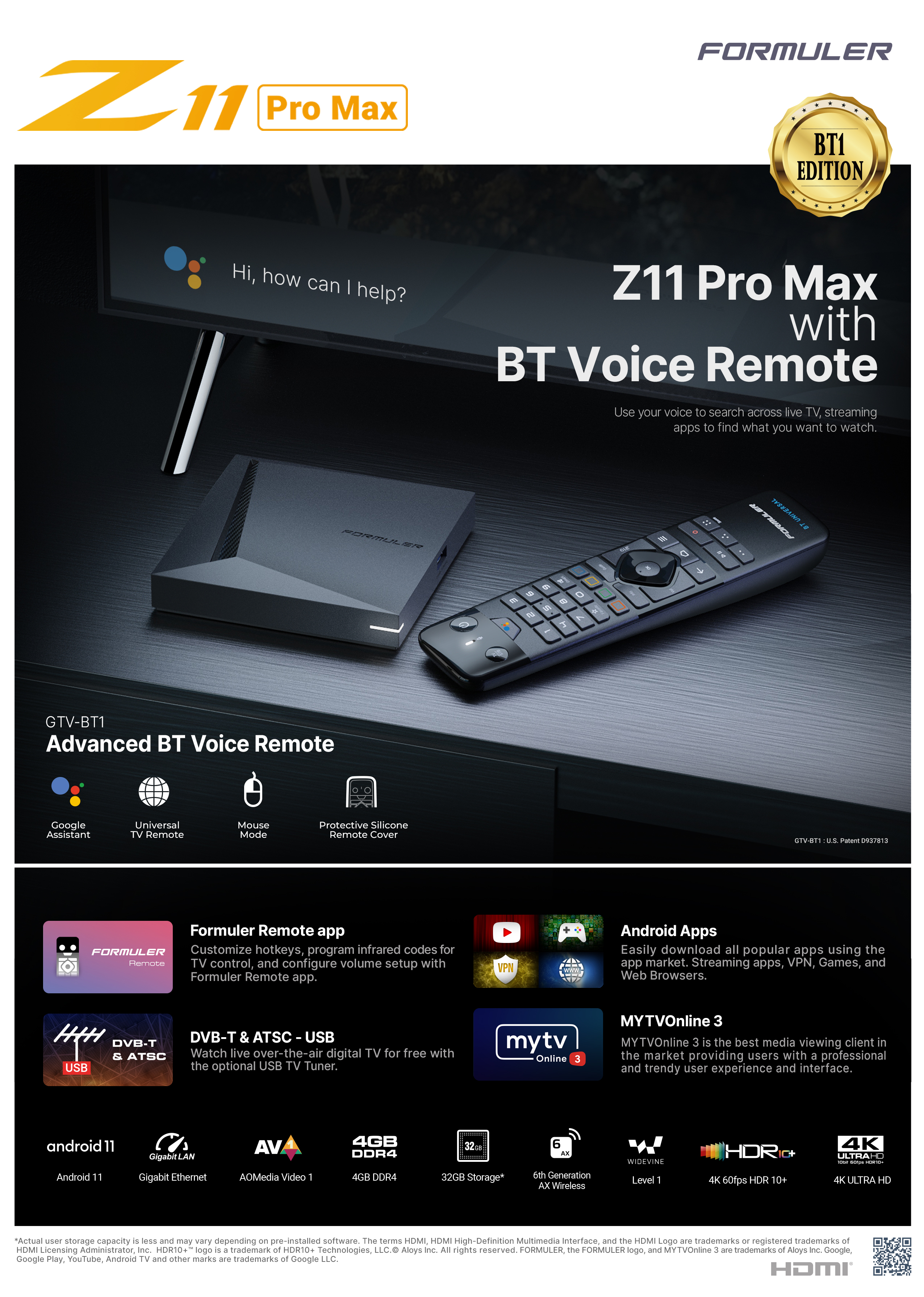 Formuler Z11 Pro Max, BT1 Edition 4 K Android 11