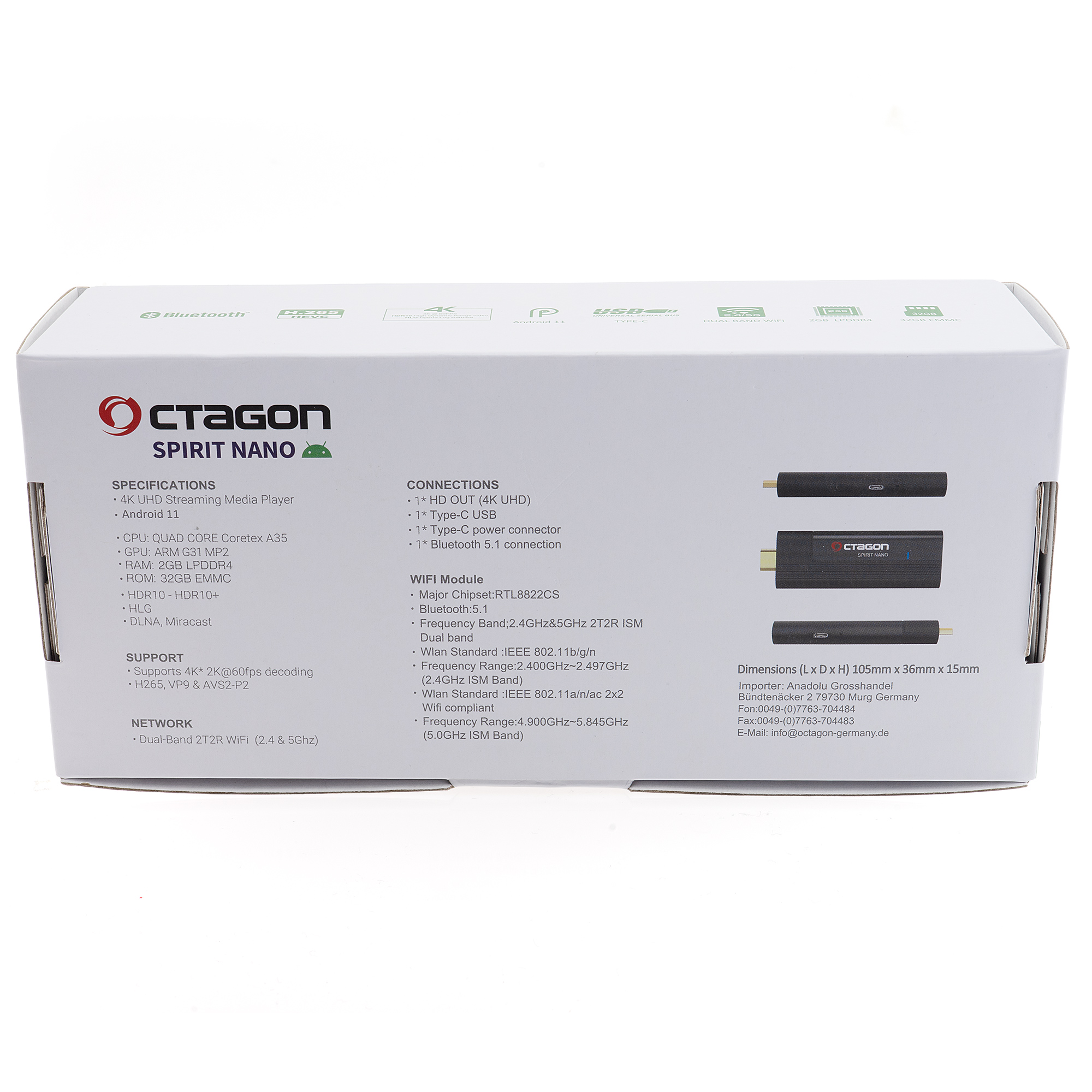 OCTAGON SPIRIT NANO 4K UHD Android Streaming Stick HDR10+ OTT MEDIA 5G WLAN BT RCU
